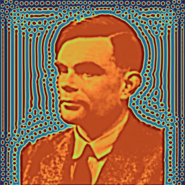 Alan Turing surrounded by a simulated Turing pattern in a reaction diffusion system