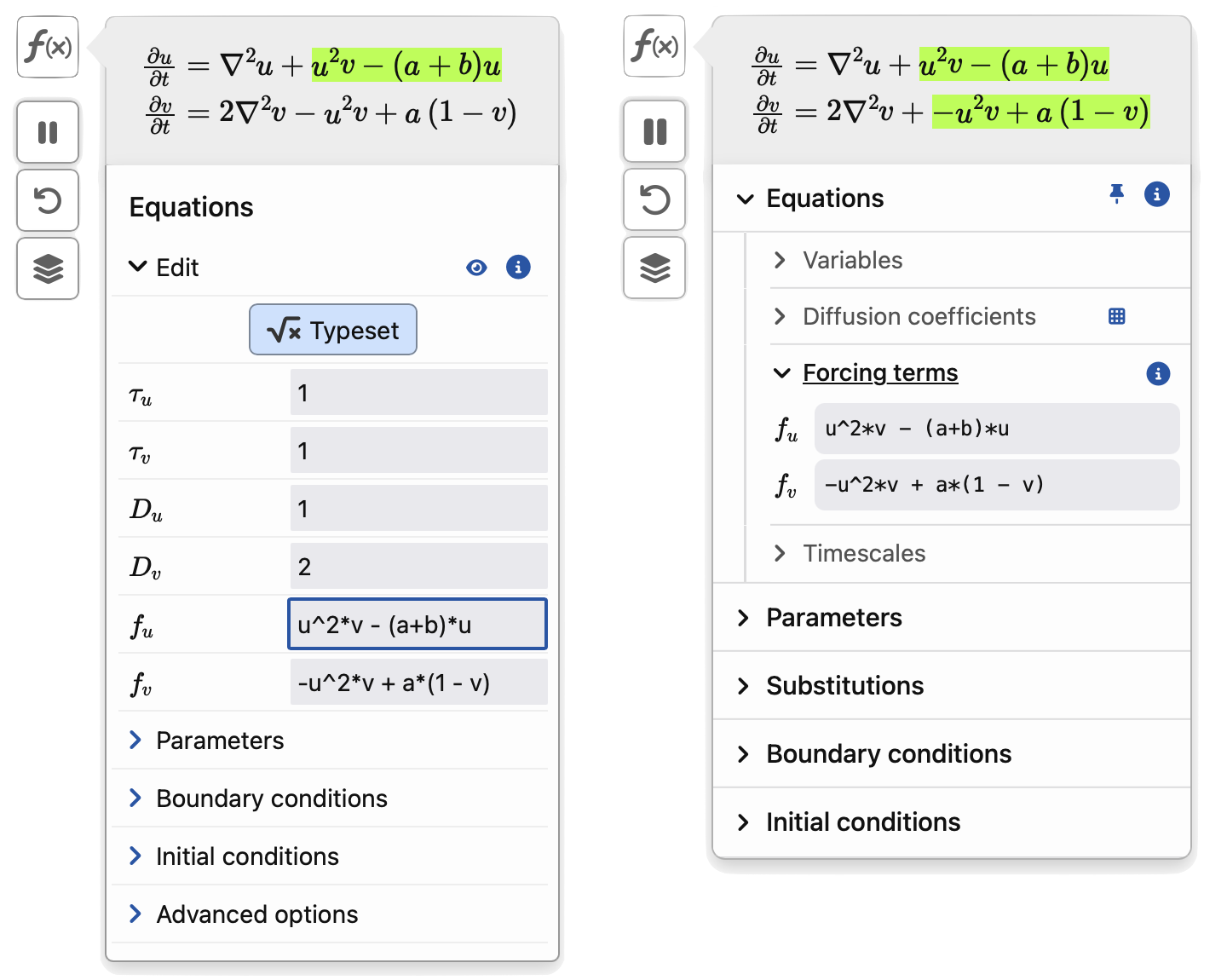 Old and new equations menus